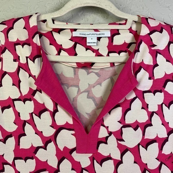 DIANE VON FURSTENBERG Reina Pink & White Silk Solei Geometric Print Dress - Picture 3 of 11